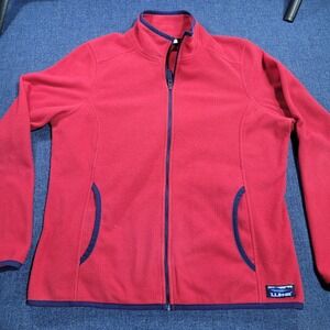 LLBean Fleece Zip Up Jacket Red Blue Trim Pockets Size Medium